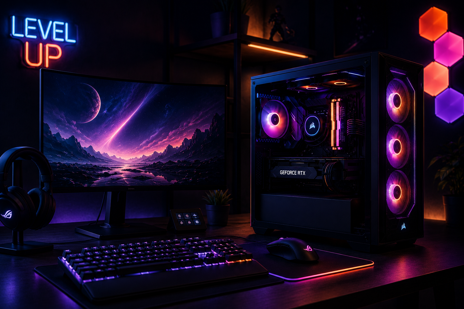 Black Gaming PC with RGB lighting on a desk with dual monitors and gaming peripherals